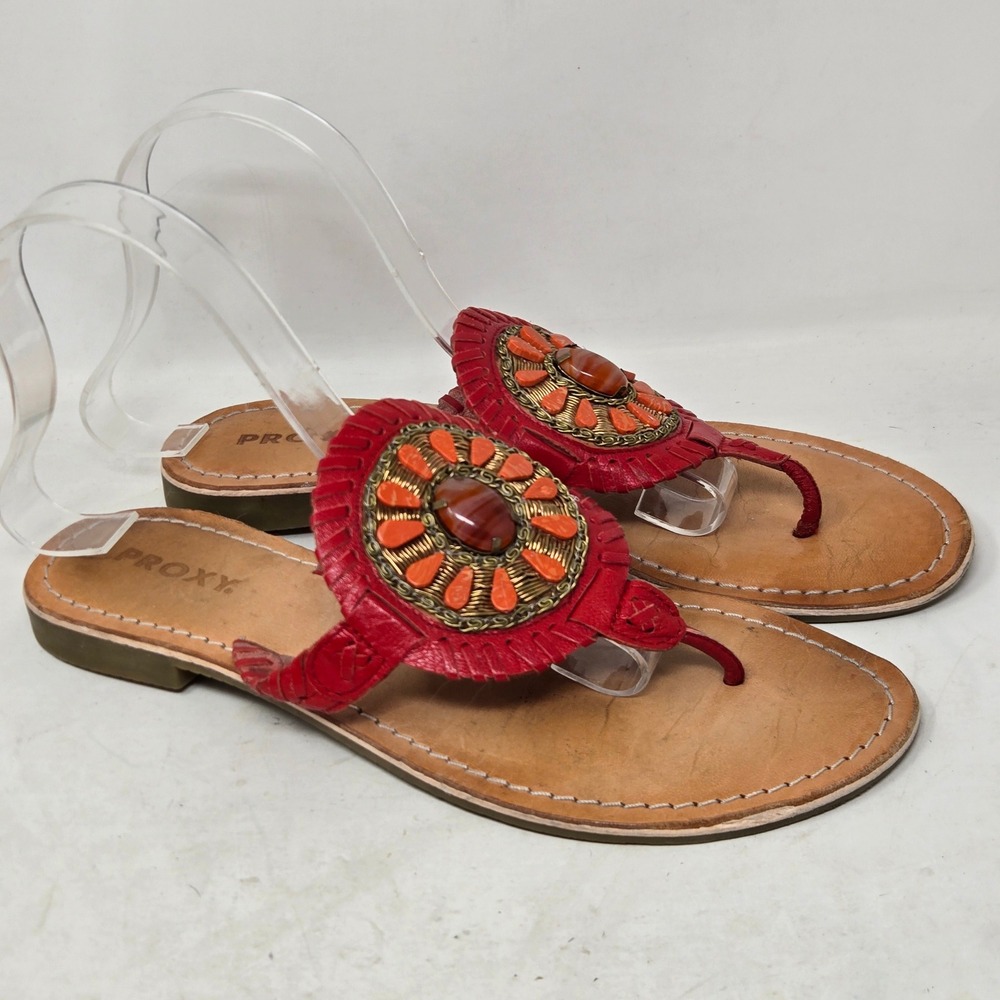 Proxy Red Leather Medallion Thong Sandals Boho Beaded Flats 9M